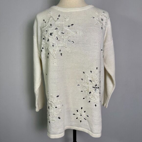 Women's White/Ivory Beaded Snowflake Sweater Holiday Embellished Crew Pullover - Picture 2 of 12
